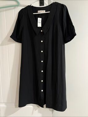 LOFT Black Short-Sleeve Button-Down Dress with Peter Pan Collar
